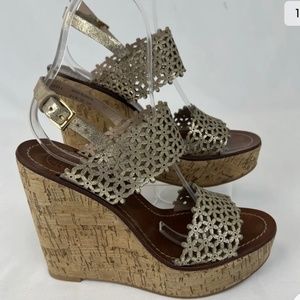 Tory Burch Gold Floral Strap Cork Wedge size 9